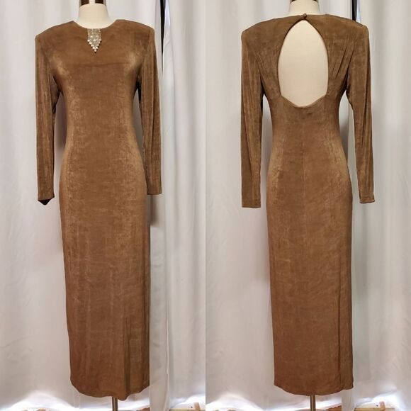 Vintage 90s y2k Slinky Sexy Stretch Acetate Bling Open Back Formal Maxi Dress 10 - Picture 1 of 7